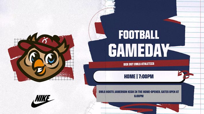 Multi-format headline template with navy and red color scheme featuring large "Football Gameday" text on stacked banner shapes, team mascot logo on left, game details area, and dynamic geometric backgrounds. Designed for landscape, Instagram, and story formats.