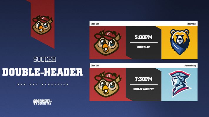 Double header template featuring a dark blue background, sections for two games with team logos, match times, and labels for girl’s JV and varsity. Clean layout for easy readability.