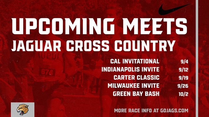 Event schedule template featuring bold header for 'Upcoming Meets', with a red background, photo of runners, and listing of cross country events and dates.