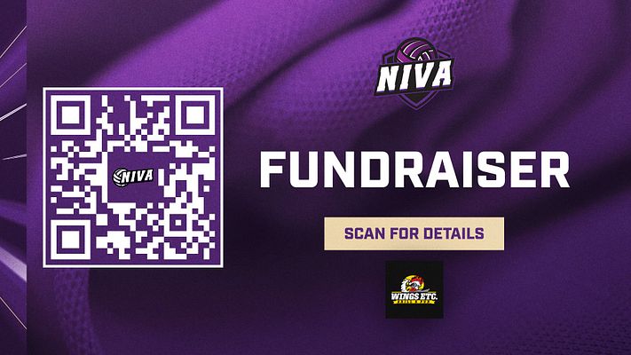Announcement template featuring a QR code prominently on the left, purple gradient background, bold 'FUNDRAISER' text, and a 'SCAN FOR DETAILS' button on the right.