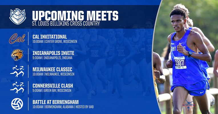 Upcoming events template for cross country with dark blue background, team logo and meet schedule on left side listing event names, dates and locations, and large athlete photo on right showing runner in blue uniform