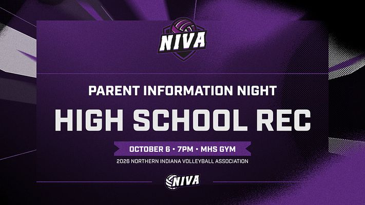 Information meeting template with a bold purple background, large text areas for event title and details, featuring the NIVA logo and volleyball graphic, designed for club announcements.