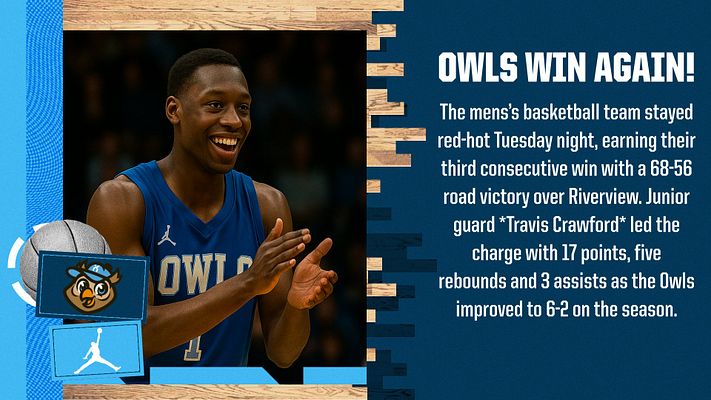 Basketball template with wooden court texture, bold 'OWLS WIN AGAIN!' headline, player photo on left, and space for game details and stats on right, ideal for social media updates.