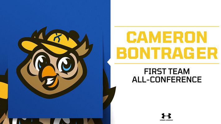 Player spotlight announcement template with split layout: team mascot owl logo on blue background left side, bold yellow headline text and white subheading on right, sports branding elements, available in landscape and portrait formats