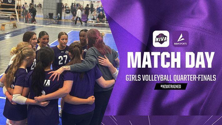 Gameday template featuring a vibrant purple background, a photo area on the left with a girls' volleyball team, and bold text for match details on the right.