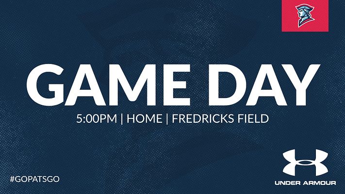 Game day template featuring a bold white headline on a dark blue background, logo in the top right, and space for time and location details below. Ideal for announcements.
