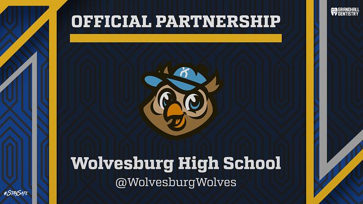 Partnership template featuring a bold design with a blue and black color scheme, logo of a wolf mascot, and space for school name and social handle, ideal for sponsor recognition.