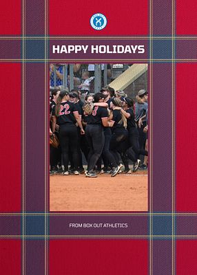 Portrait-oriented holiday card template with a red plaid background, featuring a photo area in the center, 'Happy Holidays' text at the top, and a logo at the bottom.