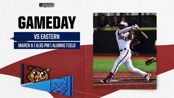 Gameday template with textured beige background, bold blue 'GAMEDAY' title, player photo on right, team logos on left, and game details below in red banner.