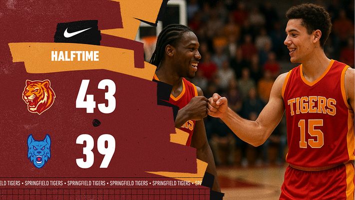 Basketball score template with a dramatic action shot on the right, team logos and score displayed prominently in bold font on the left, vibrant red and gold color scheme.