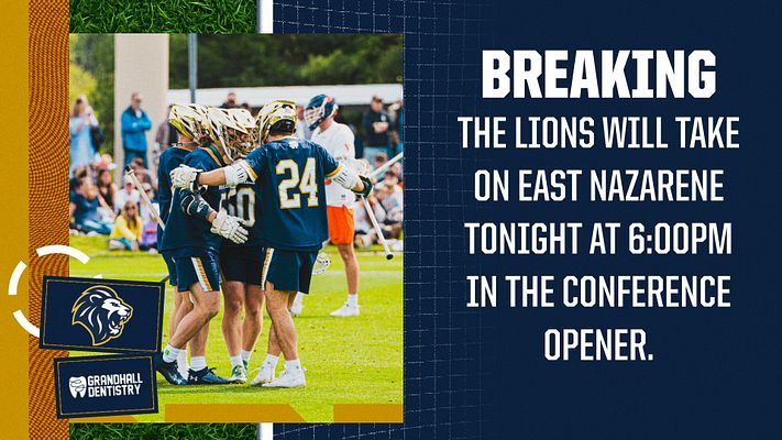 Lacrosse headline template with landscape layout featuring gold and navy color scheme, large team photo on left side, bold white typography on right for breaking news announcements, team logo placement, and geometric design elements