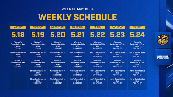 Weekly schedule template with a blue background, featuring column layout for each day of the week, bold header for 'Weekly Schedule,' and space for event times and details.