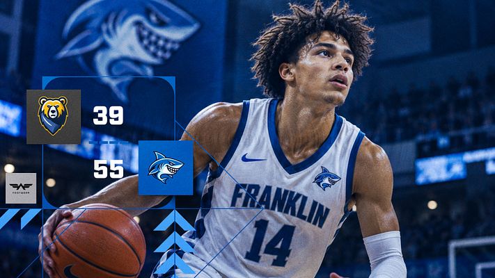 Basketball score update template with a large player photo on the right and a blue left-side scoreboard featuring team logos and bold scores.
