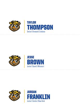 Press Conference name tent template with vertical layout featuring team logo, player name in large bold text, and position title. Includes three repeating card designs in portrait format for seating arrangement at press events or signing day announcements.