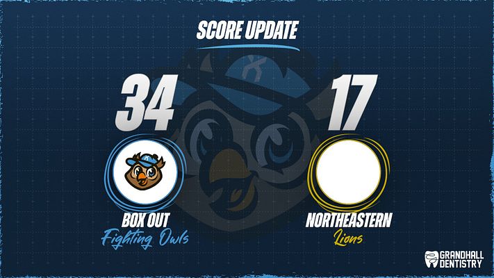 Score update template featuring a dark blue background with team logos on either side, large score numbers in the center, and score text at the top.