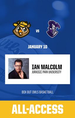 Game credential template with portrait orientation featuring team logos at top, date display, headshot photo area on left with name and university text on right, and all-access pass section at bottom with navy background