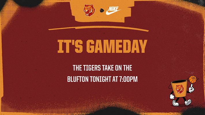 Basketball game day template with burgundy background, gold highlighter-style accent border, team logo area at top, large gold 'IT'S GAMEDAY' headline, and white text area below for additional event information