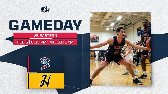 Gameday template with textured beige background, bold blue 'GAMEDAY' title, player photo on right, team logos on left, and game details below in red banner.