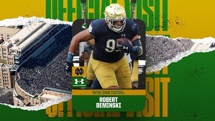 Credential template with gold and green color scheme featuring player photo area in center, stadium background on left, text banner for name and title at bottom, and brand logo placement. Designed for recruiting and signing day graphics with multi-format export capability.