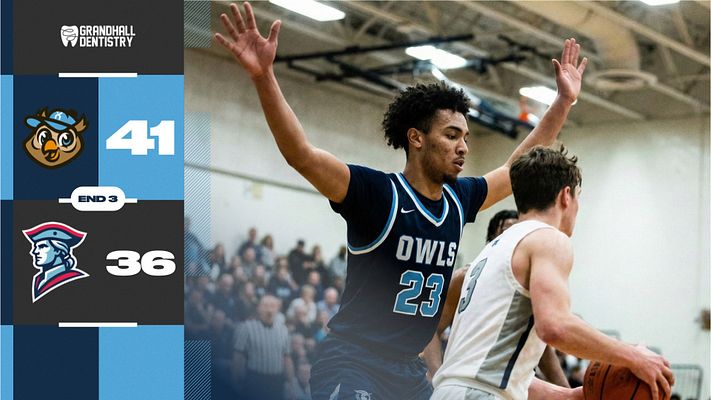 Score update template with split layout: left side shows team logos and final score cards with bright blue accents, right side features player photo in action. Includes team branding, score displays, and decorative elements. Available in landscape and portrait formats.