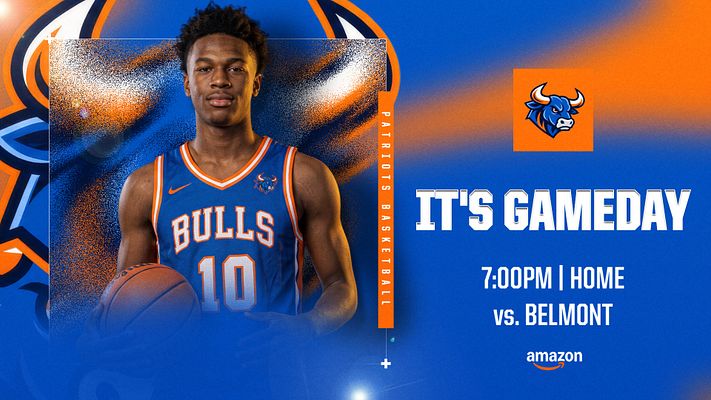 Gameday template with blue and orange color scheme, player photo with grainy spray texture on left, team logo badge and bold 'IT'S GAMEDAY' headline with game time and opponent on right.
