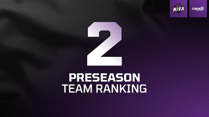 Preseason team ranking template with large jersey number on dark purple and black gradient background, white text displaying ranking information, and sponsor logo areas in top right corner