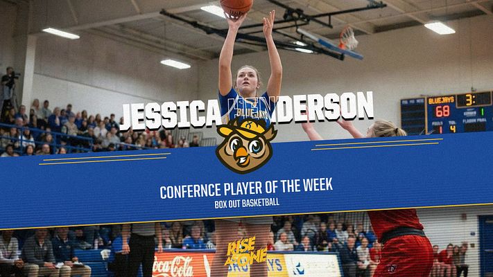 Player spotlight template featuring a cutout photo area of a player shooting a basketball, large name banner at top, and header for 'Conference Player of the Week' in bold text.