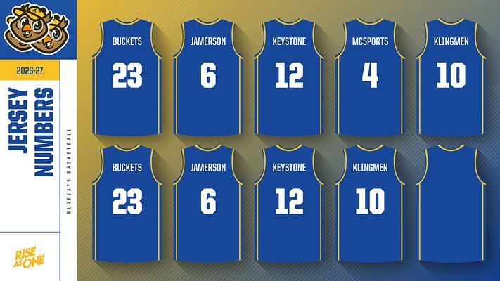 Landscape template showcasing player jersey numbers with a blue gradient background. Features vertical jersey illustrations with player names and numbers, designed for social media announcements.