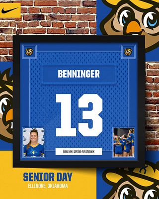 Jersey frame template with blue athletic uniform displaying large number and player name, brick wall background, photo placeholders in corners, and yellow banner for team name and event details. Designed for recruiting, signing day, and player spotlight announcements.