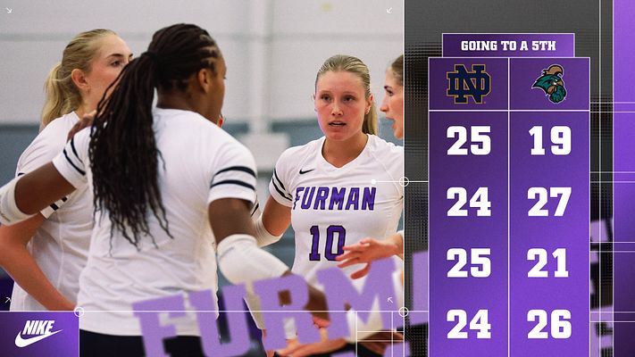 Volleyball set score template with purple and white color scheme featuring team logos at top, grid layout displaying multiple set scores, action photo on left, and 'Going to a 5th' text banner for tiebreak scenarios