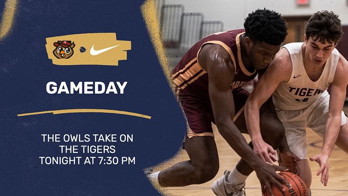 Game day template with navy and gold color scheme, featuring logo area and team name on left, large sports action photo on right, and text space for opponent and game details. Available in landscape and portrait formats for social media.