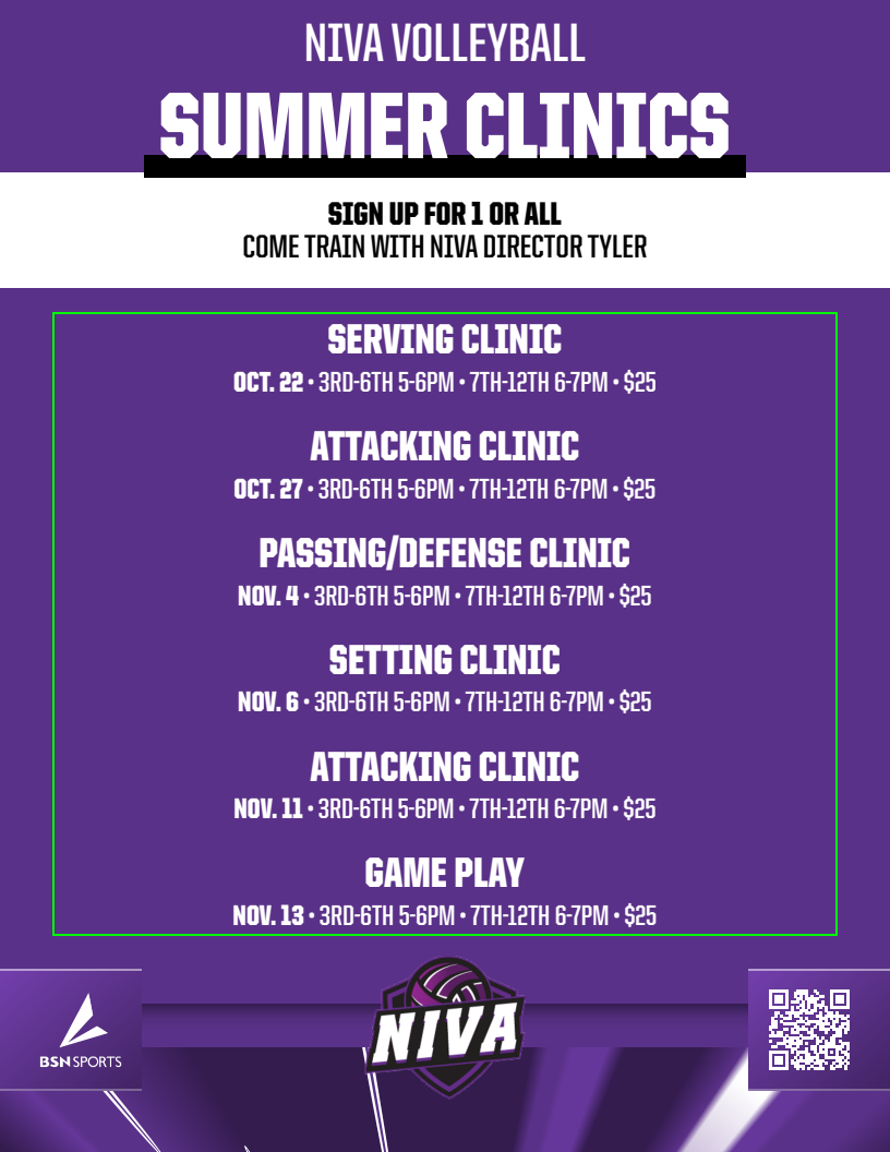 Vertical clinic letter template featuring purple background, bold title at the top, sections for clinic details and pricing, and a QR code at the bottom for sign-ups.