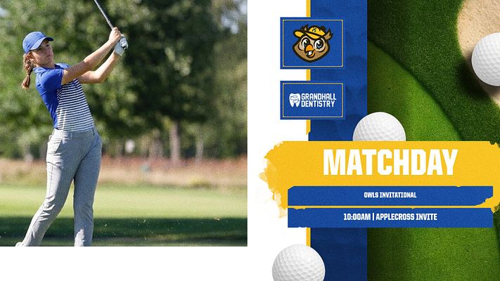 Golf matchday template featuring a golfer in action, bold yellow 'MATCHDAY' text, and sections for event details and sponsor logos, with a green grass backdrop.