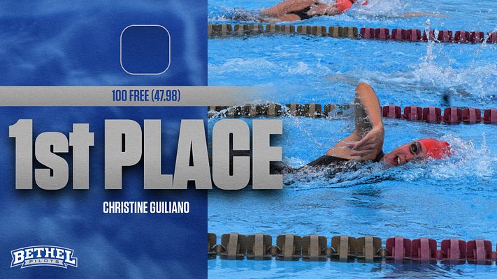 Swimming individual results template with blue and gray color scheme, featuring swimmer's photo, large '1st PLACE' text, and space for name and event details.