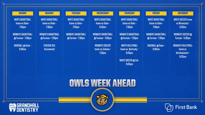 Schedule template with a blue background, featuring a grid layout for each day of the week. Includes columns for events and times, central logo, and sponsor logos at the bottom.