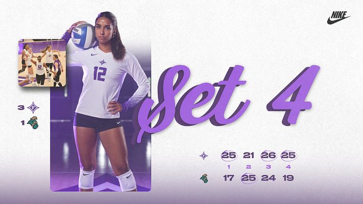 Volleyball title score template featuring purple gradient background, player photo on left with jersey number 12, large purple "Set 4" text, and score grid displaying points and set numbers on right side