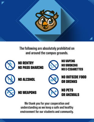 Campus rules template with purple and teal geometric design, mascot logo at top, and six prohibition icons arranged in grid showing no reentry, vaping, alcohol, outside food/drinks, weapons, and pets with explanatory text below