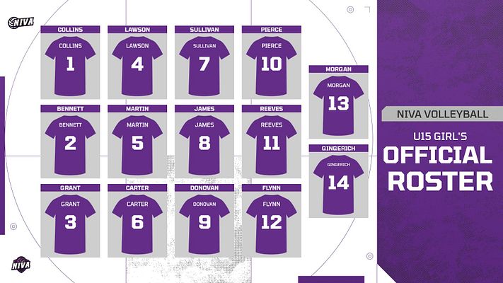 Roster template featuring a grid layout with numbered jersey placeholders for players, purple color scheme, and official title on the right side. Designed for club sports.