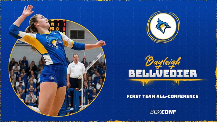 Player spotlight template with blue background, circular player photo on left with scribble-style border, team logo in top right, and bold text layout on right featuring player name and achievement details. Designed for social media posts highlighting all-conference selections.