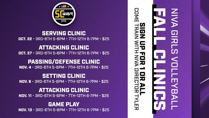 Clinic template featuring bold purple background, club logo at top, vertical schedule list for volleyball clinics, with text blocks for dates and times on the left