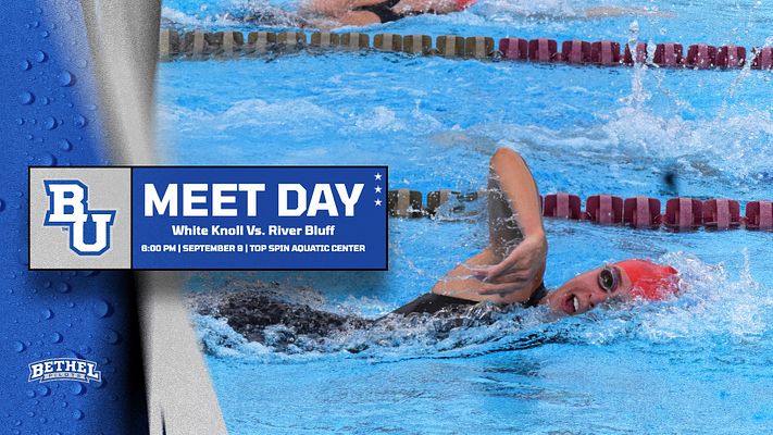 Swimming meet day template featuring blue pool background with swimmer in action, white banner with school logo and event details. Designed for landscape, Instagram, and story formats for swim and dive social media promotion.