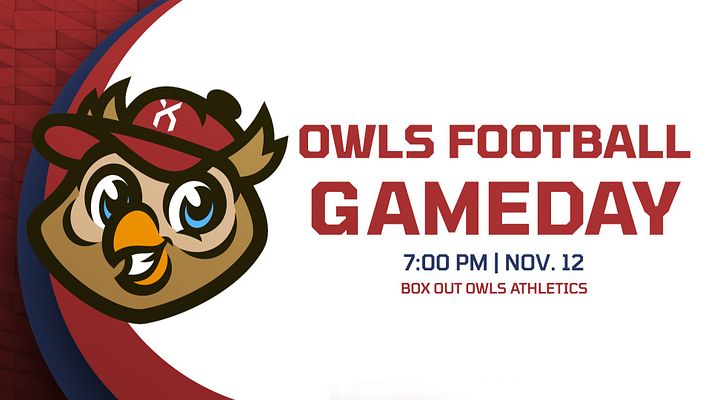 Announcement template with red and navy curved design, prominent owl mascot logo on left, and large bold text for headline and event details on right, designed for multi-format social media posting