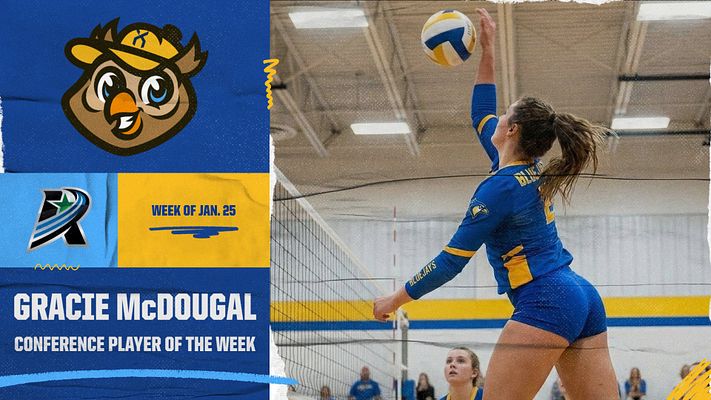 Player spotlight template with blue and yellow color scheme featuring team logo on left, player photo in action on right, and text area below for player name and award title. Designed for social media sharing across landscape, Instagram, and story formats.