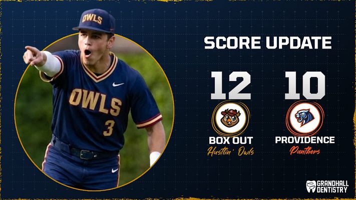 Score update template in a navy and yellow color scheme, featuring a circular photo area on the left, bold score numbers in the center, and team names on the right.