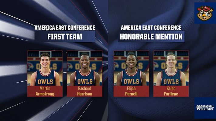 Team highlight template in a purple color scheme featuring four player headshots arranged in two columns, with sections for 'All-Conference' and 'Honorable Mention' labels.