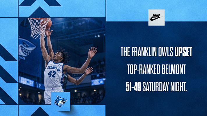 Basketball photo-and-text template with a player portrait on the left, bold headline space on a navy panel at right, and team logo accents in blue.