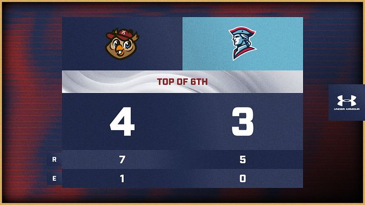 Score template with fractal glass effect featuring two team logos at top, large score display in center (4 vs 3), and statistics rows below showing runs and errors.