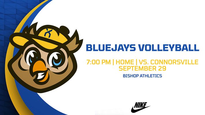 Player spotlight template featuring a large mascot graphic on the left, headline area for team name and event details on the right, with a blue and yellow color scheme.