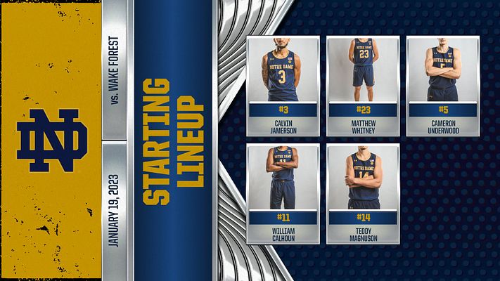 Basketball lineup template with yellow and navy color scheme, featuring five player photo areas, 'Starting Lineup' text, and space for opponent details on the side.