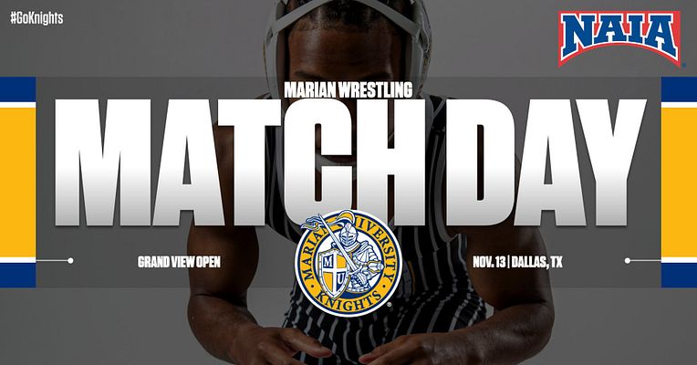 Match day template with a bold 'MATCH DAY' headline, wrestler in the background, blue and gold color accents, space for event details and school logo. Designed for wrestling announcements.